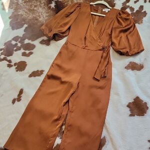 Puff Sleeve Wrap Jumpsuit in Rust